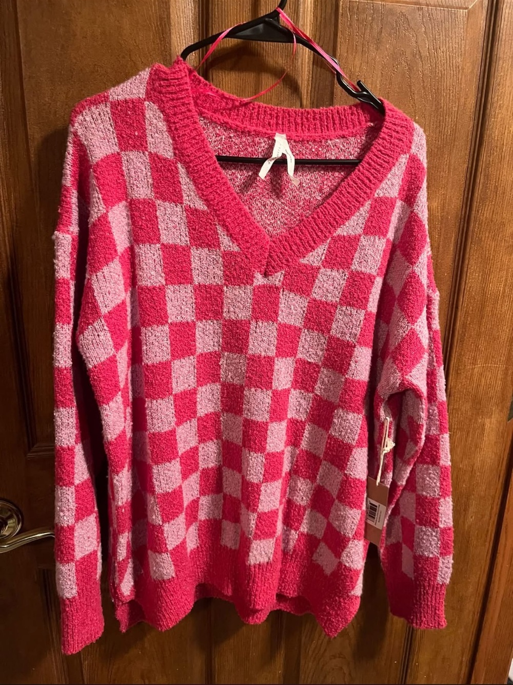 Dreamers Pink Checkerboard V-Neck Sweater